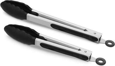 2 Pack Black Kitchen Tongs, Premium Silicone BPA Free Non-Stick Stainless Steel BBQ Cooking Grilling Locking Food