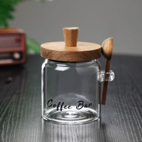 1 Pcs 15 OZ Glass Coffee Jars With Spoons, Candy Jars, Biscuit Jars, Storage Jars, Tea Jars, Snack Jars, Seasoning Jars, Salt Jars, Pepper Jars (Main Material: Wood+Glass, Main Color: Transparent)